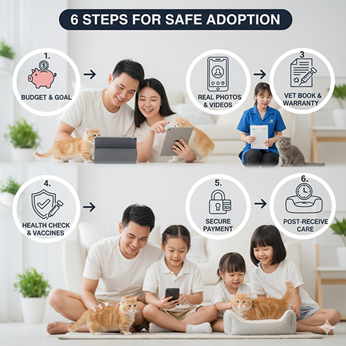 Infographic 6 bước mua mèo Munchkin chân ngắn an toàn: gia đình xem video, nhân viên tư vấn thú y, kiểm tra sức khỏe – tiêm phòng, thanh toán an toàn và chăm sóc sau khi nhận.
