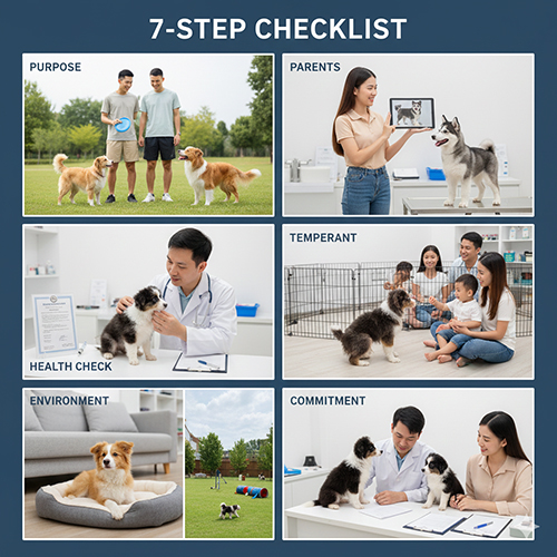 Ảnh checklist 7 bước chọn chó Border Collie lai gồm mục đích nuôi, xem bố mẹ, kiểm tra sức khỏe, quan sát tính cách, môi trường nuôi và cam kết từ nơi bán.
