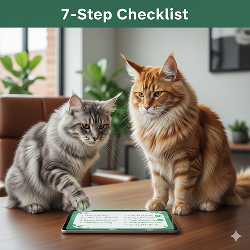 Hai mèo Maine Coon lai và thuần chủng ngồi cạnh máy tính bảng hiển thị checklist 7 bước chuẩn bị trước khi xin báo giá.