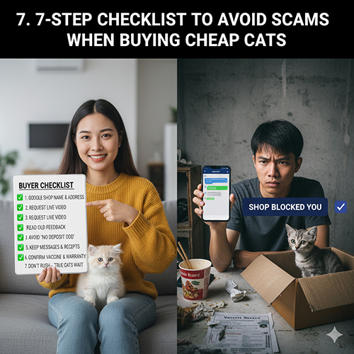 Ảnh chia đôi: bên trái cô gái ôm mèo con và cầm bảng “Buyer Checklist”; bên phải chàng trai bị shop chặn liên lạc khi nhận mèo trong thùng carton; minh họa 7 bước tránh lừa khi mua mèo giá rẻ.
