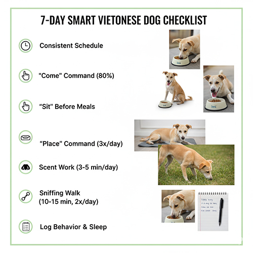 Bảng checklist 7 ngày huấn luyện chó cỏ với các mục như “đến”, “ngồi”, “vào chỗ”, đánh hơi và ghi nhật ký hành vi – minh họa bằng hình ảnh chó đang tập lệnh.