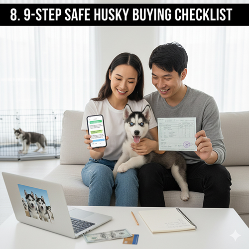 Gia đình kiểm tra giấy tờ và lịch tiêm phòng khi mua chó Husky theo checklist an toàn
