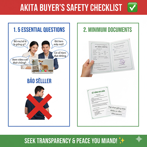 Ảnh minh họa checklist an toàn trước khi mua chó Akita gồm 5 câu hỏi bắt buộc và giấy tờ tối thiểu