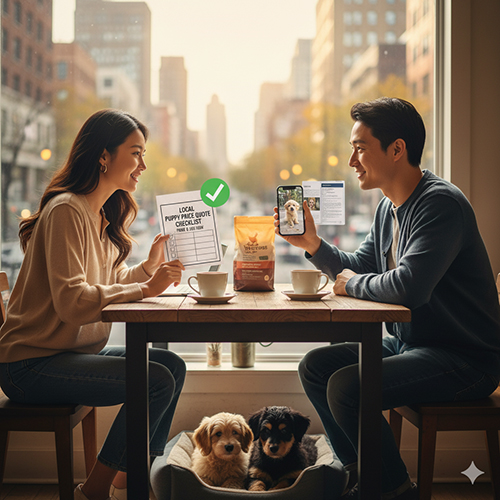 Cặp đôi trẻ ngồi trong quán cà phê, cùng xem checklist báo giá chó cỏ con và video chú chó trên điện thoại, hai chú chó nhỏ nằm trong giỏ dưới bàn.