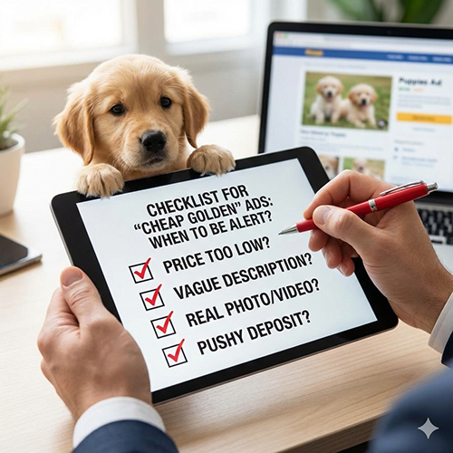 Checklist cảnh giác khi gặp tin rao chó Golden giá rẻ: giá quá thấp, mô tả mơ hồ, ảnh không thật, hối chuyển cọc