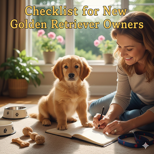 Checklist cần chuẩn bị khi mua bán chó Golden Retriever cho người mới nuôi, minh họa bằng chú Golden con ngồi cạnh cô chủ đang ghi chép