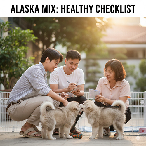 Gia đình Việt kiểm tra sức khỏe chó Alaska lai chó cỏ con trước khi nhận nuôi, quan sát kỹ và trao đổi với người bán