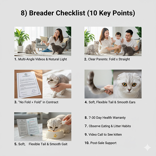 Người nuôi mèo kiểm tra hợp đồng, xem video thật và chơi cùng mèo Scottish Fold trong gia đình, minh họa các tiêu chí chọn breeder uy tín