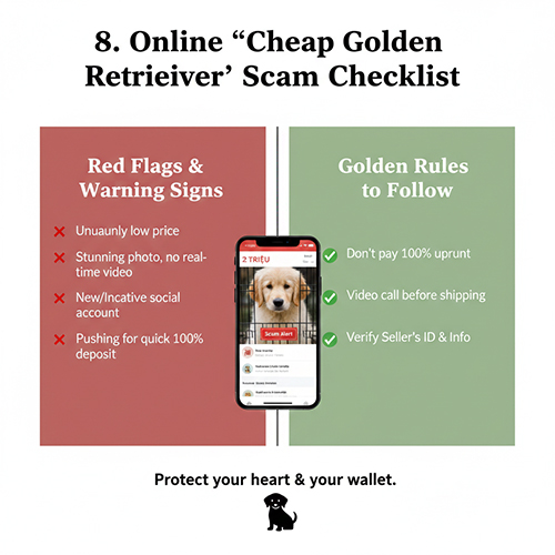 Checklist chống lừa đảo khi mua chó Golden Retriever giá rẻ online, minh họa tin rao giá 2 triệu trên điện thoại với hai cột cảnh báo và nguyên tắc an toàn
