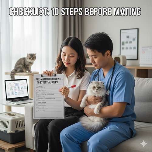 Bác sĩ thú y và chủ mèo cùng xem checklist 10 bước chuẩn bị trước khi phối giống mèo Scottish Fold, bên cạnh là mèo và máy tính hiển thị thông tin kiểm tra sức khỏe