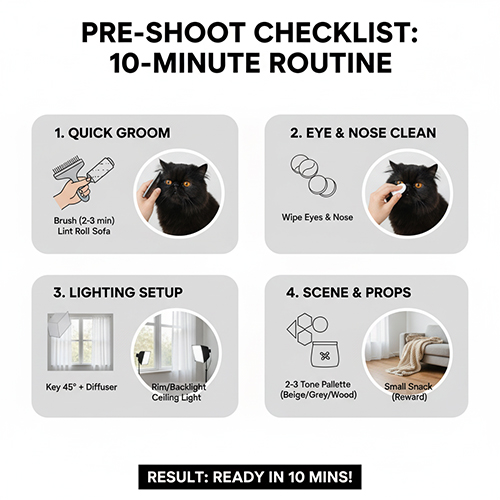 Checklist 10 phút trước khi chụp mèo Ba Tư đen gồm chải lông, lau mắt mũi, setup ánh sáng và chuẩn bị bối cảnh