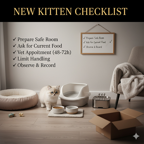 mèo Ba Tư con trong phòng chuẩn bị sẵn khay cát, bát ăn và nệm êm