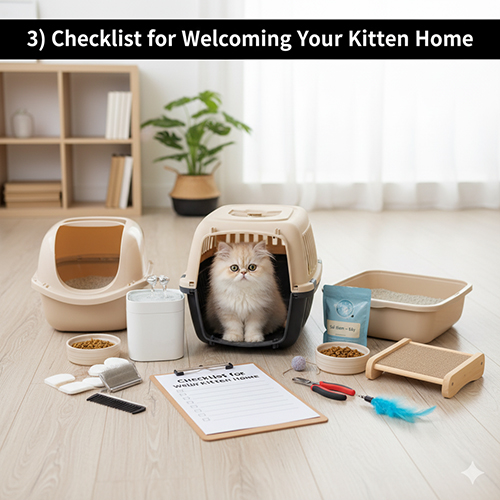 Mèo Ba Tư con ngồi trong hộp vận chuyển cùng đầy đủ đồ dùng chuẩn bị khi đón bé về nhà