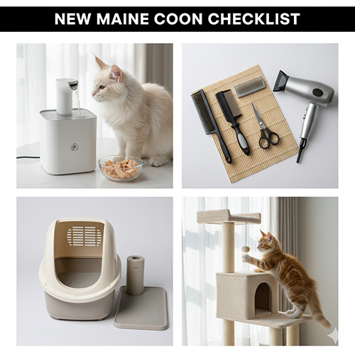 Bộ dụng cụ và vật dụng chuẩn bị đón mèo Mỹ lông dài gồm đài phun nước, bộ grooming, thùng cát và cây mèo