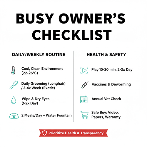 Checklist chăm mèo Ba Tư cho người bận gồm lịch grooming, nhiệt độ, ăn uống, chơi và an toàn mua bán