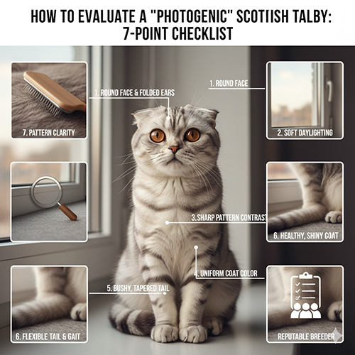 Mèo Scottish Fold tabby ngồi bên cửa sổ với các chú thích checklist 7 điểm đánh giá độ “đẹp ảnh”.
