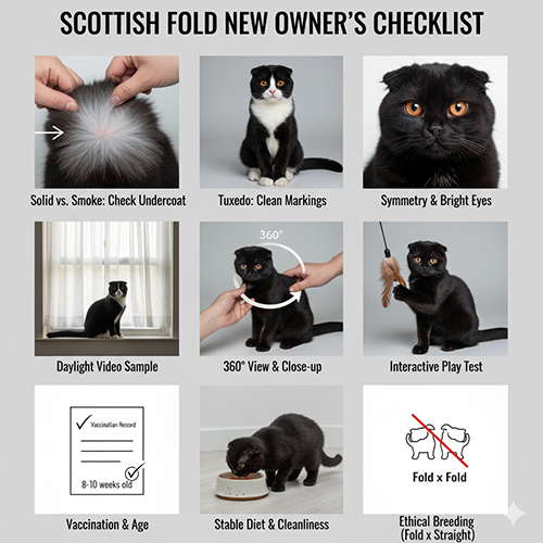 Bộ ảnh checklist cho người mới nuôi mèo tai cụp đen gồm các khung: rẽ lông phân biệt smoke, tuxedo đen–trắng, kiểm mắt sáng, quay 360°, chơi cần câu, sổ tiêm và hướng dẫn phối giống an toàn