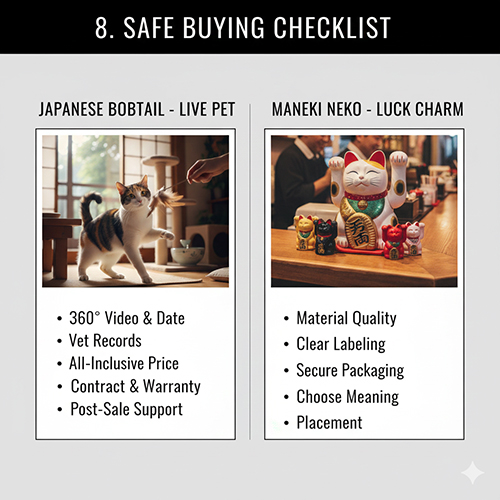 Checklist mua an toàn cho mèo Japanese Bobtail sống và tượng Maneki Neko may mắn