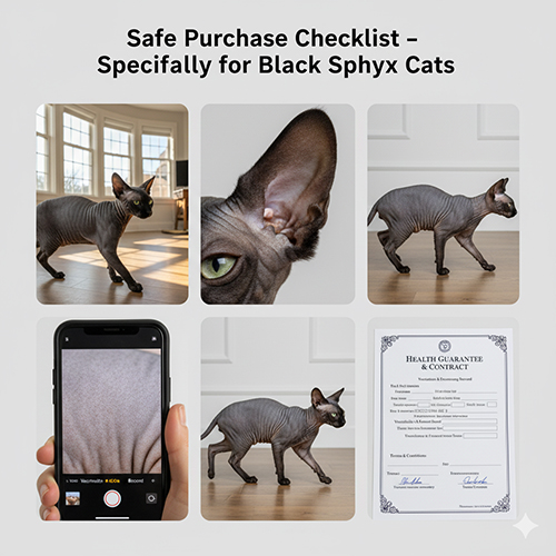 Bộ ảnh minh họa các bước kiểm tra an toàn khi mua mèo Sphynx đen: video thật, cận tai, cận da, dáng đi, giấy bảo hành sức khỏe