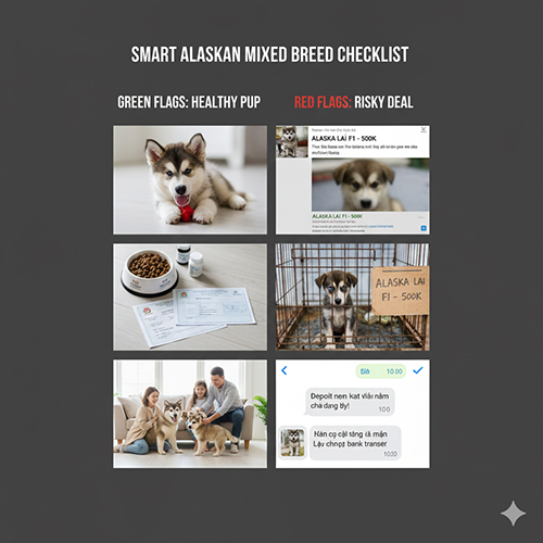 Checklist mua chó Alaska lai với dấu hiệu chó khỏe mạnh và cảnh báo rủi ro khi mua giá rẻ