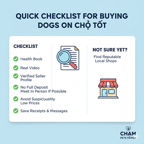 Checklist nhanh giúp mua chó cảnh trên Chợ Tốt an toàn và tránh lừa đảo