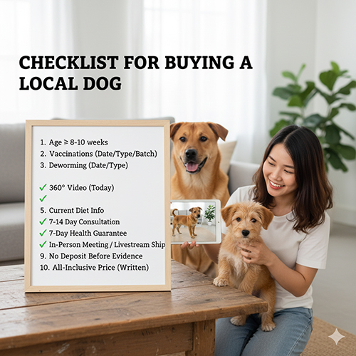 Người phụ nữ cầm chó cỏ con bên cạnh bảng checklist 10 điểm kiểm tra khi mua chó cỏ, bao gồm sổ y tế, video 360° và tư vấn sau bán.