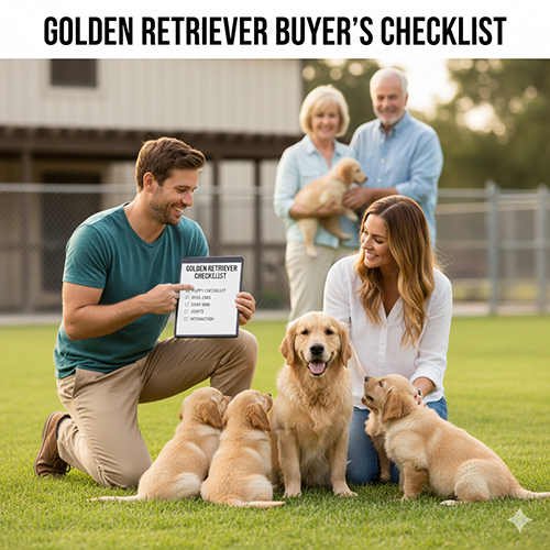 Gia đình kiểm tra checklist khi chọn mua chó Golden con tại trại, minh họa các bước cần xem và câu hỏi cần hỏi