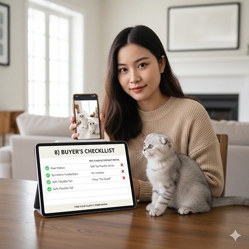 Cô gái cầm điện thoại hiển thị video mèo Scottish Fold, bên cạnh là mèo con màu xám và máy tính bảng có checklist mua mèo an toàn.