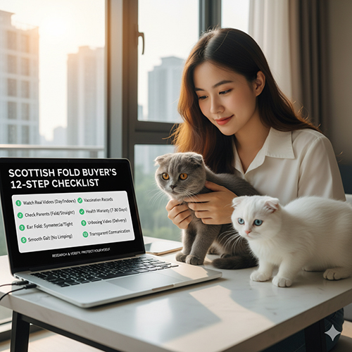 Cô gái kiểm tra checklist mua mèo Anh lông ngắn tai cụp trên laptop và chơi cùng hai bé mèo