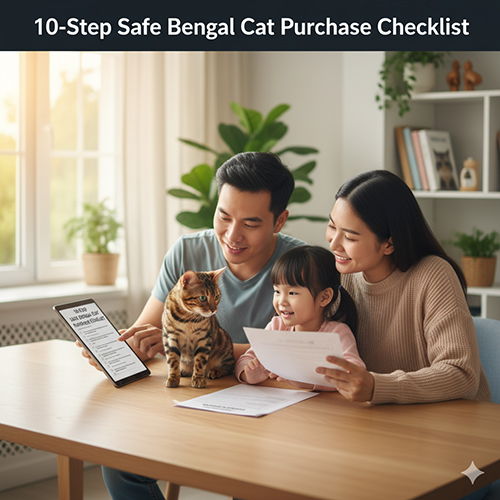 Gia đình ngồi cùng mèo Bengal trên bàn, xem checklist mua an toàn trên máy tính bảng và giấy ghi chú