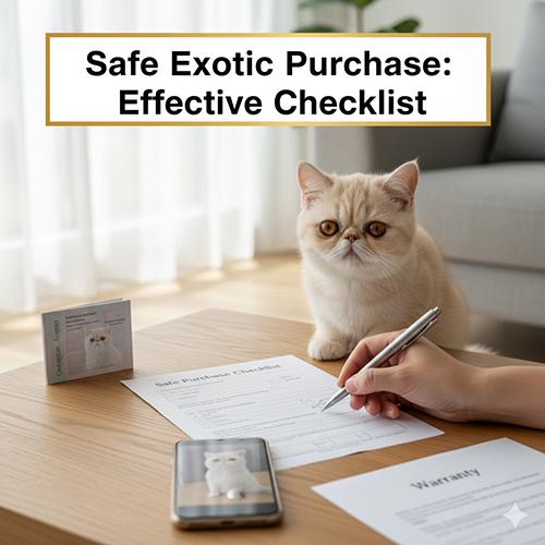 Mèo Ba Tư lông ngắn ngồi trên bàn cạnh giấy tờ mua bán và bảo hành, minh họa checklist mua Exotic an toàn.