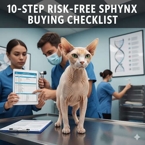 mèo Sphynx đứng trên bàn khám thú y, phía sau là đội ngũ bác sĩ đang kiểm tra và chuẩn bị hồ sơ minh họa checklist 10 bước mua Sphynx an toàn