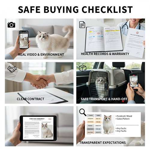 Checklist mua mèo Ragdoll an toàn gồm video thật, sổ tiêm, hợp đồng rõ ràng, vận chuyển an toàn và minh bạch kỳ vọng