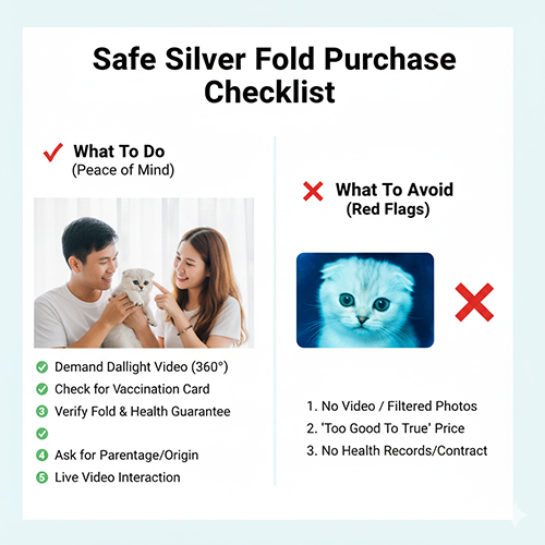 Cặp đôi xem mèo Silver Scottish Fold trong ánh sáng tự nhiên, bảng checklist hiển thị các bước nên làm và cần tránh khi mua mèo