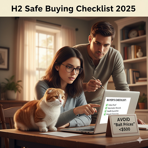 Cặp đôi đang xem checklist mua mèo tai cụp chân ngắn trên laptop với một chú mèo Munchkin Fold màu vàng trắng ngồi cạnh