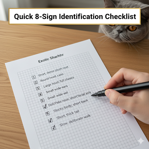 Checklist 8 dấu hiệu nhận diện nhanh mèo Ba Tư lông ngắn Exotic Shorthair trên bàn, kèm một chú mèo xám nhìn vào tờ giấy.
