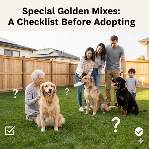 Cả gia đình đang chơi với các bé chó Golden thuần và Golden lai trên bãi cỏ, minh họa checklist cần suy nghĩ trước khi nhận nuôi các dòng Golden lai đặc biệt