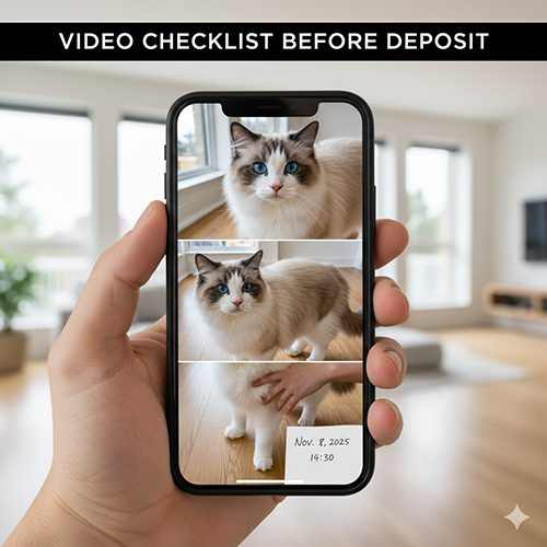 Điện thoại đang hiển thị video mèo Ragdoll nhiều góc quay với mốc thời gian để kiểm tra trước khi đặt cọc