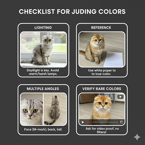 Bốn hình minh họa hướng dẫn thẩm màu mèo Scottish Fold: kiểm tra ánh sáng, dùng giấy trắng tham chiếu, xem nhiều góc và xác minh màu hiếm qua video thật.