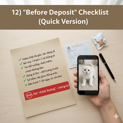 Tay người cầm điện thoại hiển thị video mèo tai cụp, bên cạnh là tờ giấy ghi checklist kiểm tra trước khi đặt cọc và sổ tiêm – minh họa các bước cần làm trước khi mua mèo tai cụp lai ta.