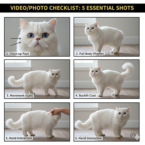Bộ 5 khung hình mẫu gồm cận mặt, toàn thân nghiêng, dáng đi, coat ngược sáng và tương tác tay để kiểm tra mèo Ba Tư trước khi cọc.