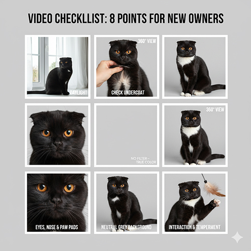 Bộ ảnh 8 khung hướng dẫn quay video mèo tai cụp đen gồm daylight, rẽ lông kiểm undercoat, quay 360°, quan sát mắt mũi đệm chân và phản xạ với đồ chơi