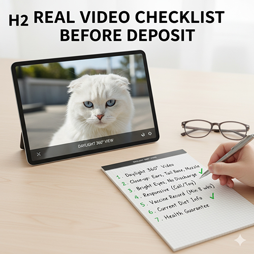 Máy tính bảng hiển thị video mèo tai cụp trắng (Scottish Fold) cùng danh sách checklist kiểm tra trước khi đặt cọc.