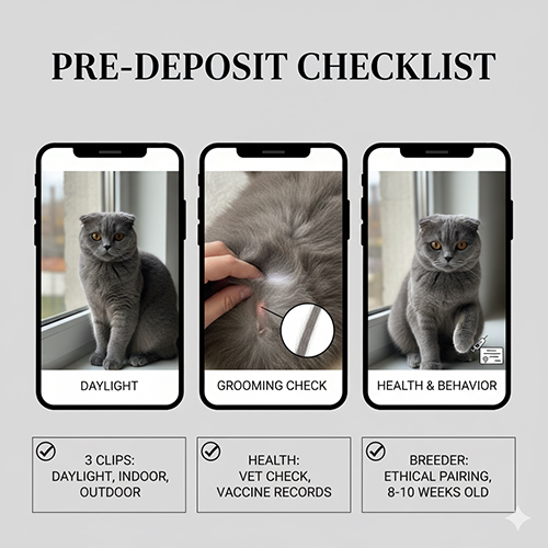 checklist quay video và kiểm sức khỏe mèo scottish fold xám trước khi đặt cọc phân biệt solid và smoke yêu cầu 3 bối cảnh sáng