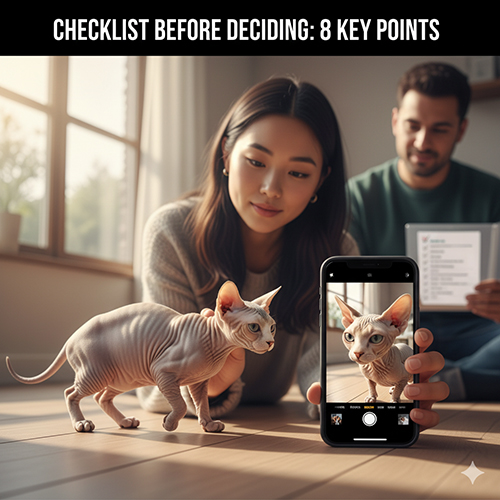 Một cặp đôi đang quay video một bé mèo không lông chân ngắn trong phòng khách, minh họa checklist 8 điểm cần xem trước khi quyết định mua