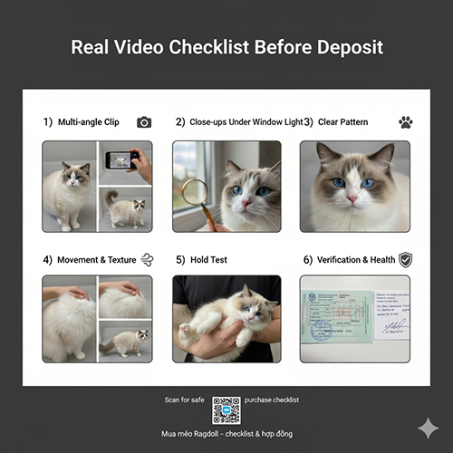 Checklist xem video thật trước khi đặt cọc mèo Ragdoll: đa góc, ánh sáng cửa sổ, kiểm tra pattern, coat, form, bế thử và hồ sơ sức khỏe.