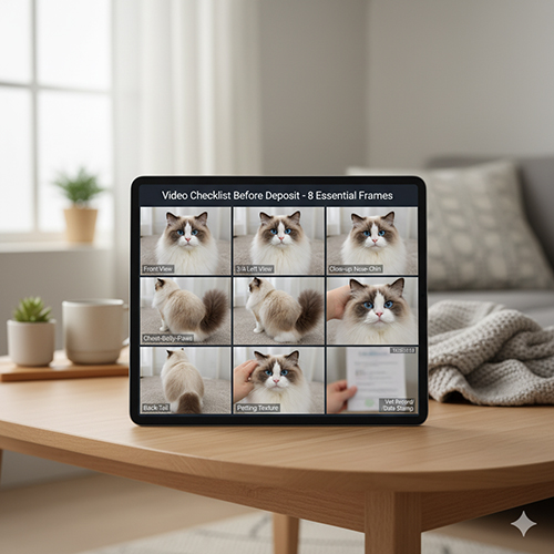 Máy tính bảng hiển thị 8 khung video cần có khi kiểm tra mèo Ragdoll trước khi cọc, gồm chính diện, 3/4, cận mũi cằm, lưng đuôi và sổ tiêm