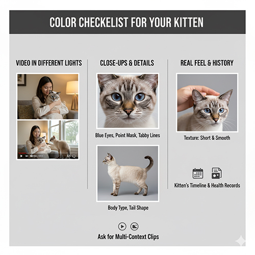 Bộ ảnh hướng dẫn kiểm tra màu mèo Xiêm khi chọn mua: xem video nhiều ánh sáng, cận mặt và toàn thân, cảm nhận lông thật và hồ sơ sức khỏe