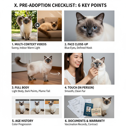 Bảng checklist 6 bước kiểm tra mèo Xiêm trước khi mua gồm video thật, cận mặt, toàn thân, tiếp xúc trực tiếp, lịch tuổi và giấy tờ bảo hành