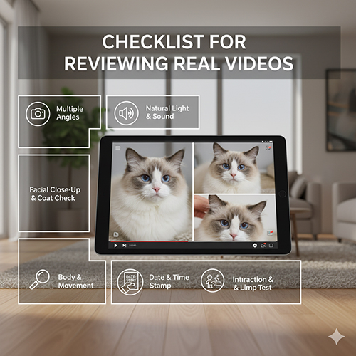Ảnh minh họa checklist kiểm tra video thật mèo Ragdoll lai với iPad hiển thị nhiều góc quay rõ mắt, coat, form và chuyển động